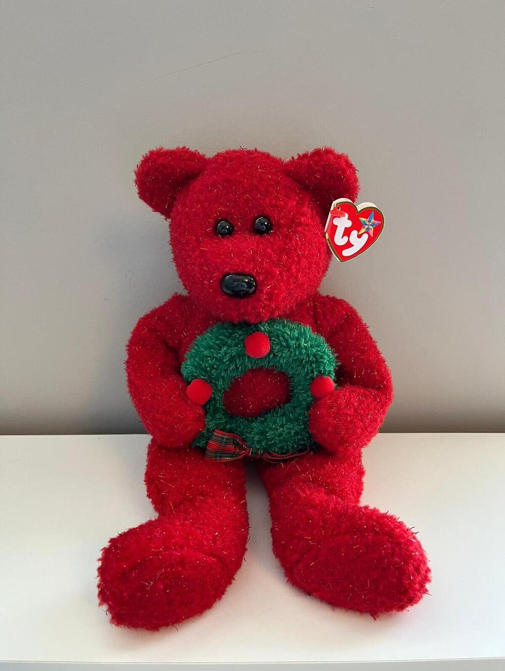 Ty Beanie Buddy “Holiday Teddy” the Red Holiday Bear Holding Wreath (13.5 inch)